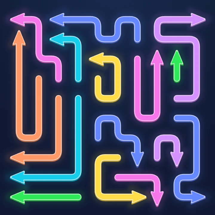 Arrowscape gameplay: a board of colorful neon arrows winding across a dark blue background