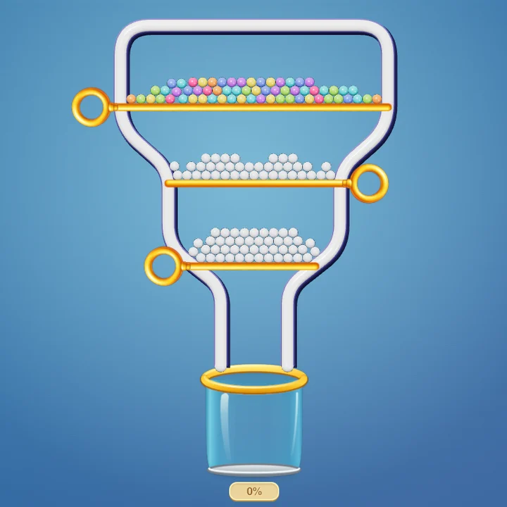Pull & Solve gameplay: colorful balls resting on golden pins above a glass, ready to drop