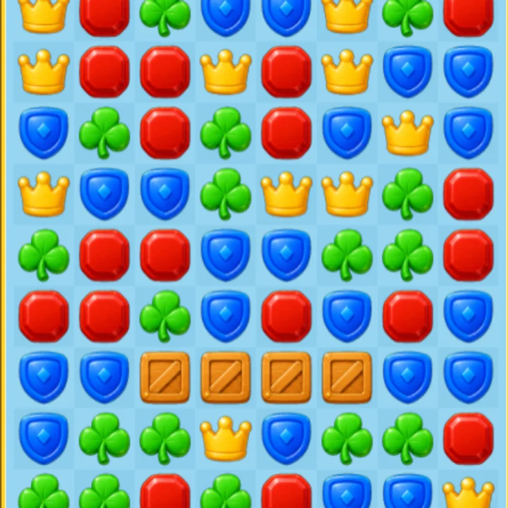 Queen's Match gameplay: colorful pieces and wooden boxes in a royal garden