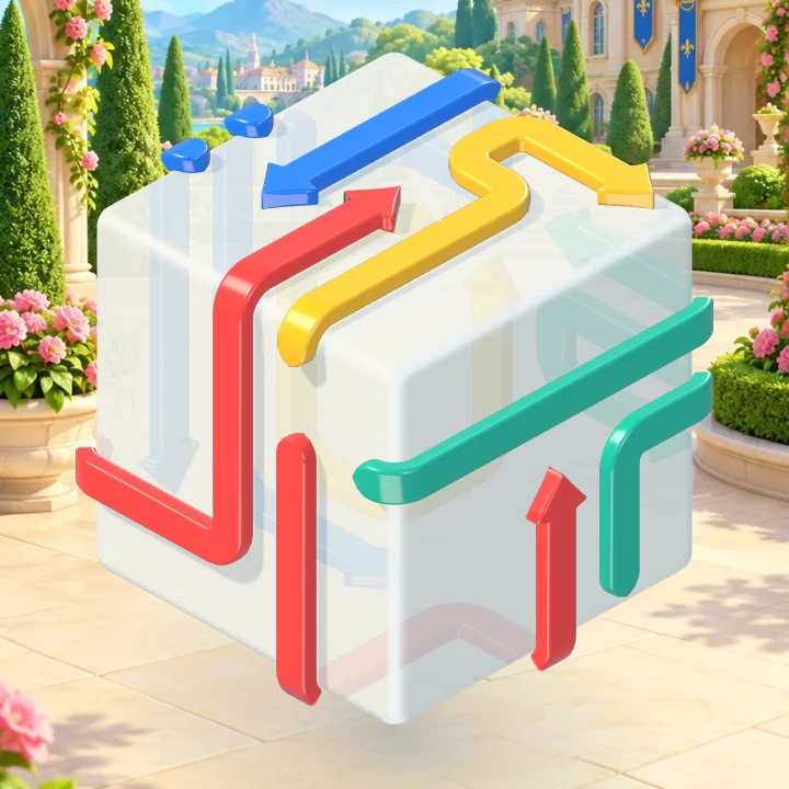 Royal Cube gameplay: glossy colorful arrows on a translucent cube in a palace garden
