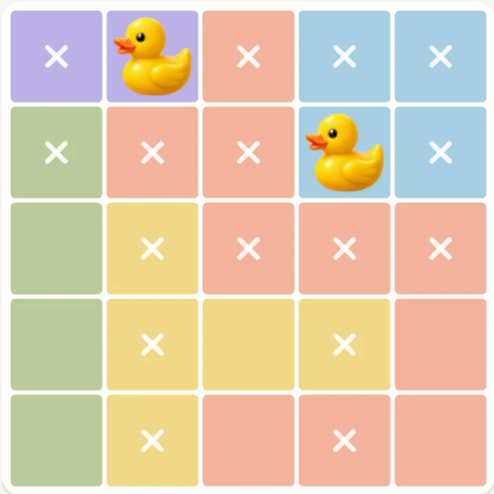 Yellow rubber ducks on a pastel-colored RubberDucku! puzzle grid
